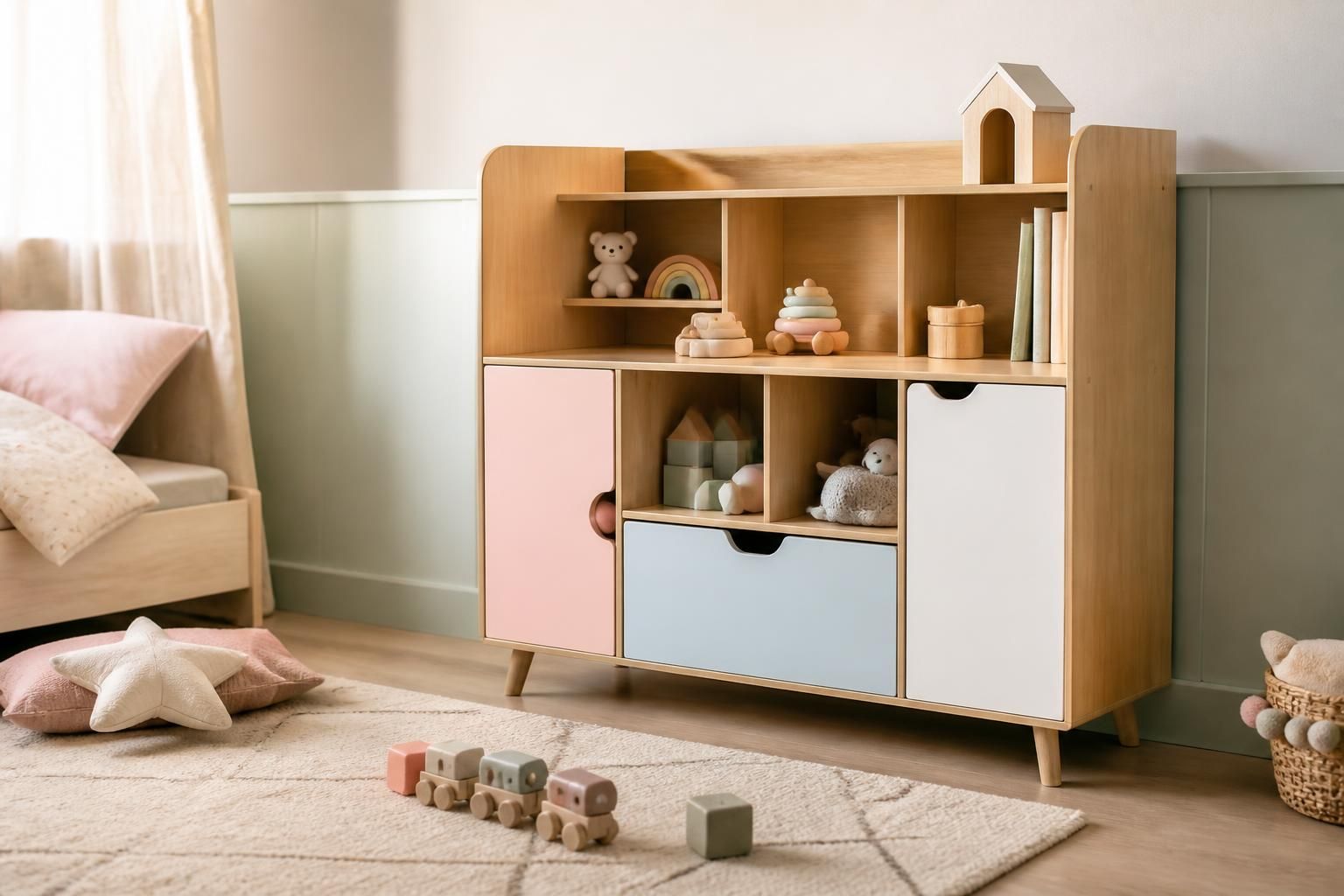 découvrez notre meuble pratique et design pour ranger les jouets, idéal pour organiser parfaitement la chambre de votre enfant tout en apportant une touche décorative.